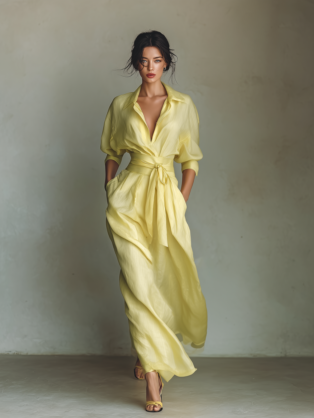 Chic yellow maxi shirt dress for women, ideal for summer resort wear. Features v-neck & tie waist.