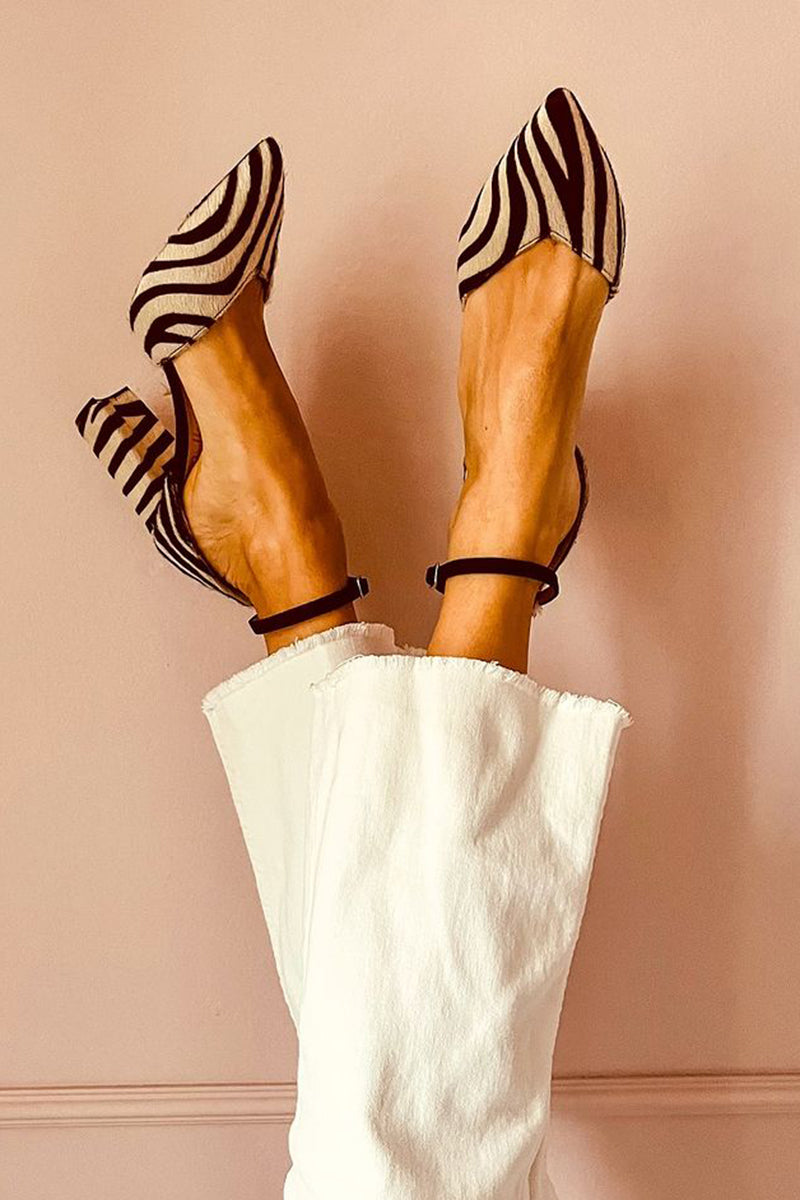 Women's zebra print block heel sandals with ankle strap. Fashionable summer shoes, chic & versatile footwear.