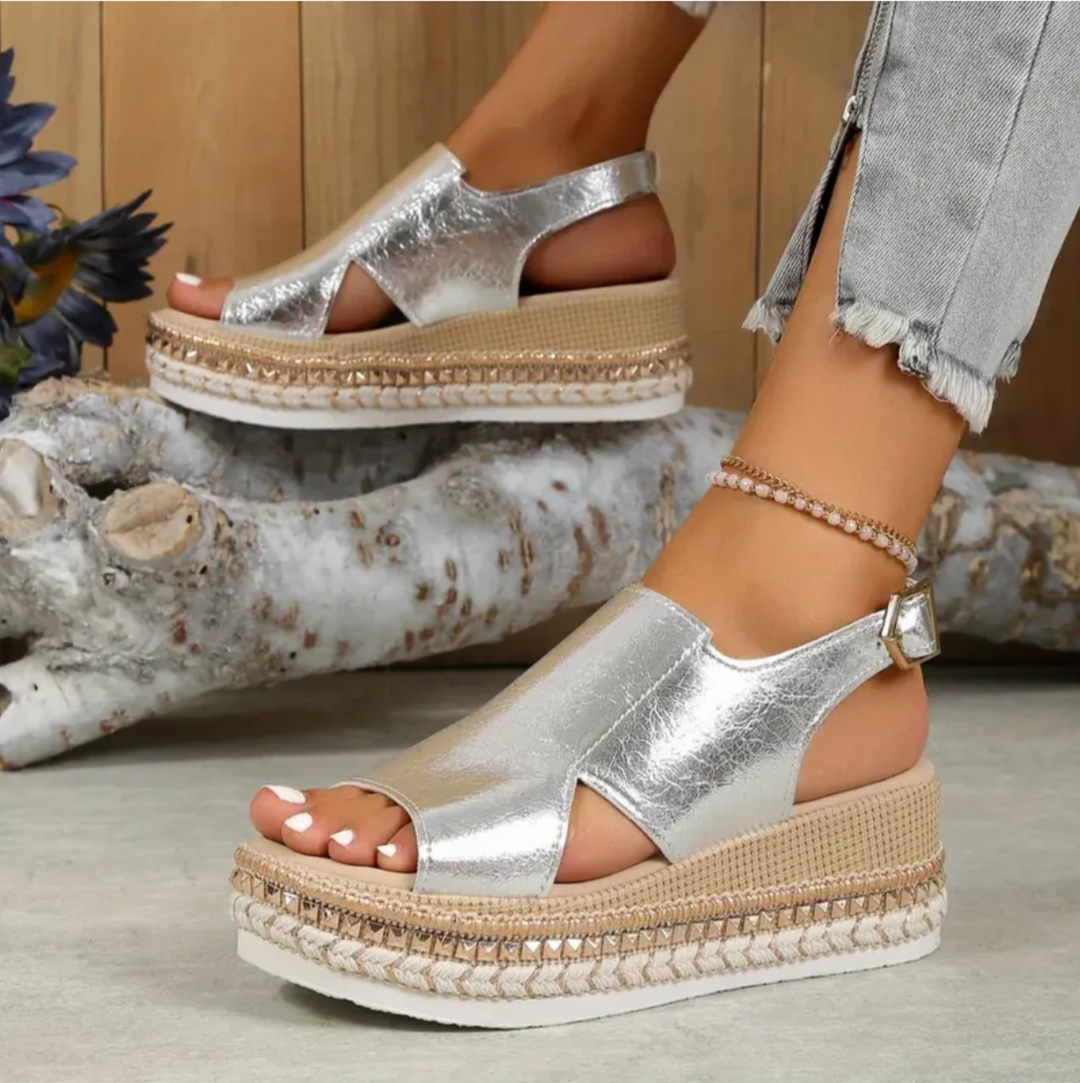 Elegant gold Zinnia wedge sandals for women, offering all-day comfort and supportive orthopedic design.