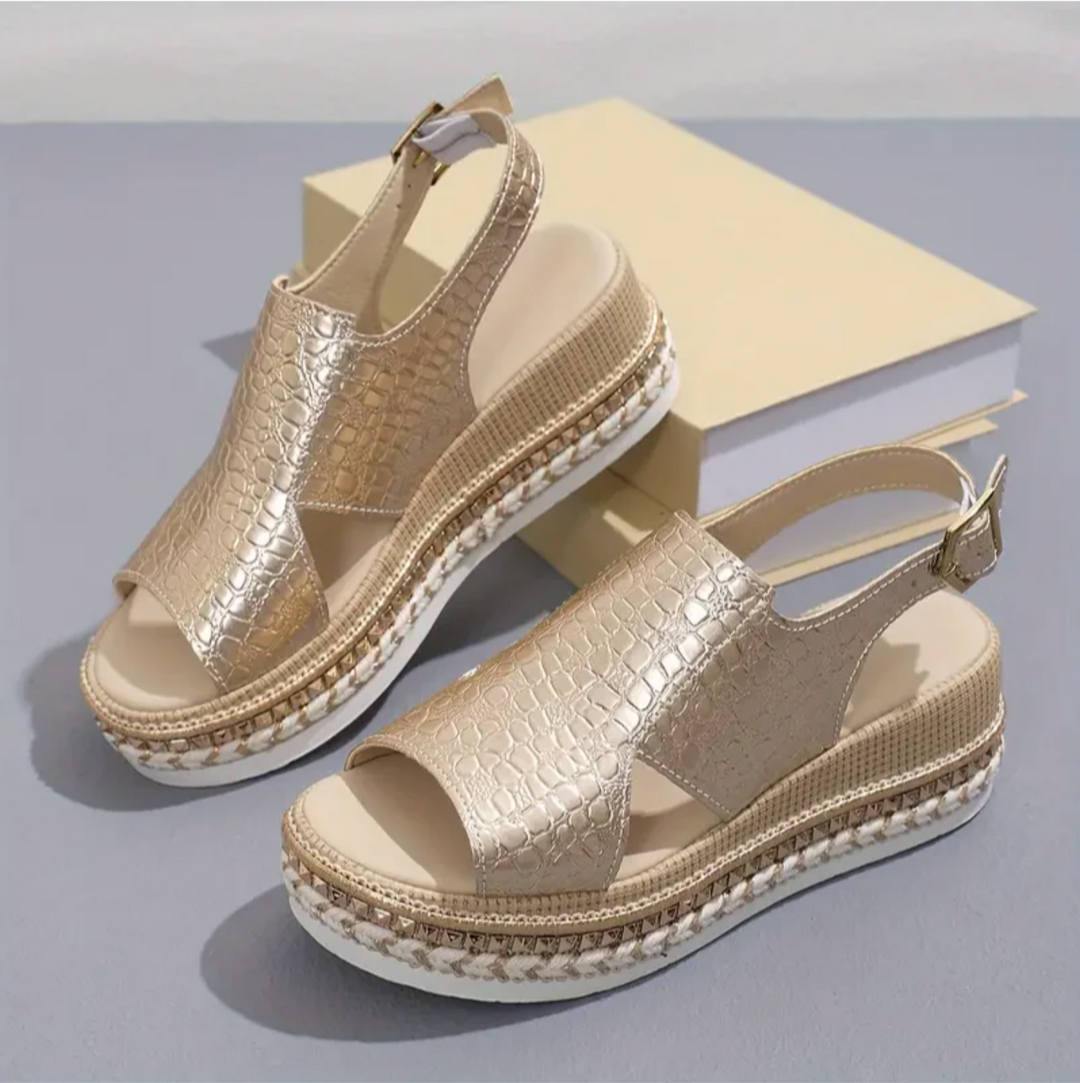 Close-up: Zinnia women's wedge sandals, highlighting soft straps & comfortable, supportive orthopedic design.