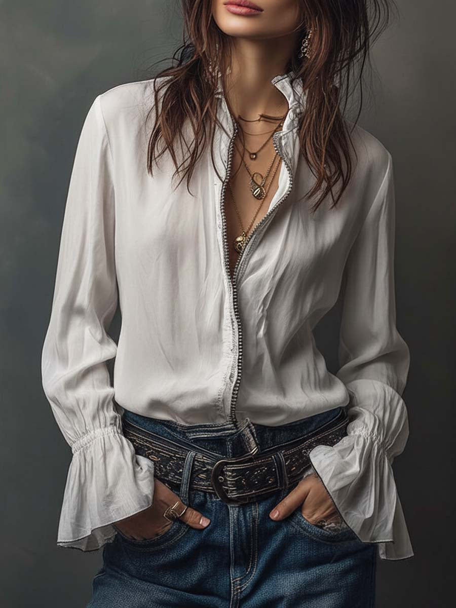 Women's zip-front blouse with elegant bell cuffs, long sleeves, perfect for professional or casual wear.
