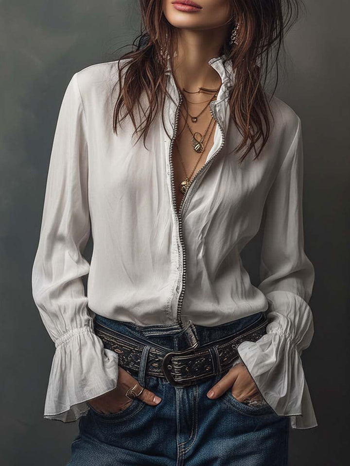 Women's zip-front blouse with elegant bell cuffs, long sleeves, perfect for professional or casual wear.