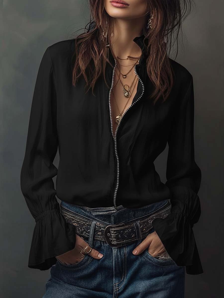 Contemporary women's zip-front blouse with elegant bell cuffs, long sleeves; perfect blend of comfort & style.