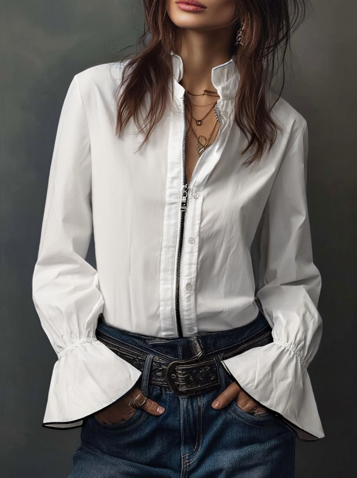 Modern women's zip-front blouse with graceful bell cuffs, long sleeves; a professional yet stylish top.