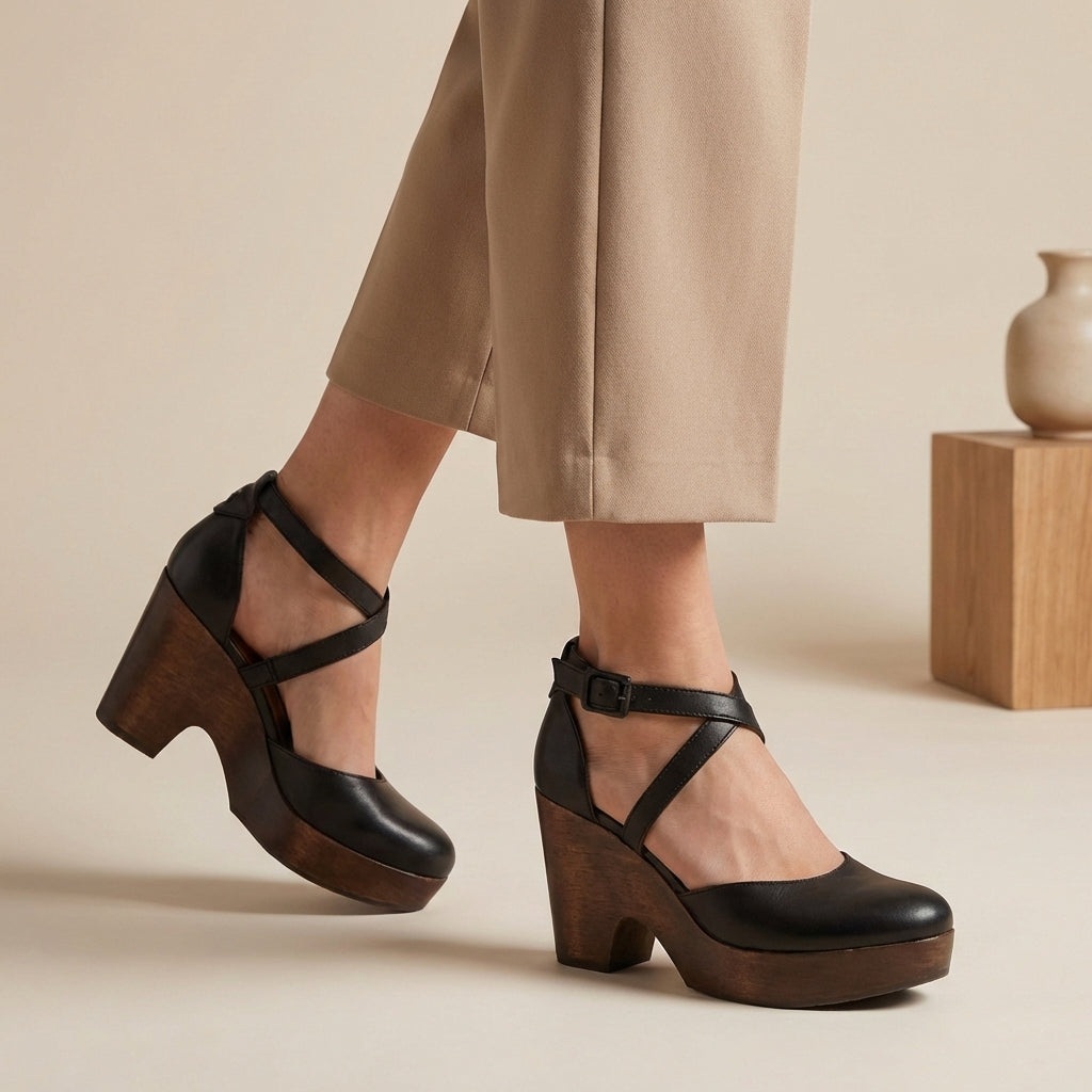 Elegant women's closed-toe block heels with an ankle strap, perfect for dressy occasions & comfortable wear.