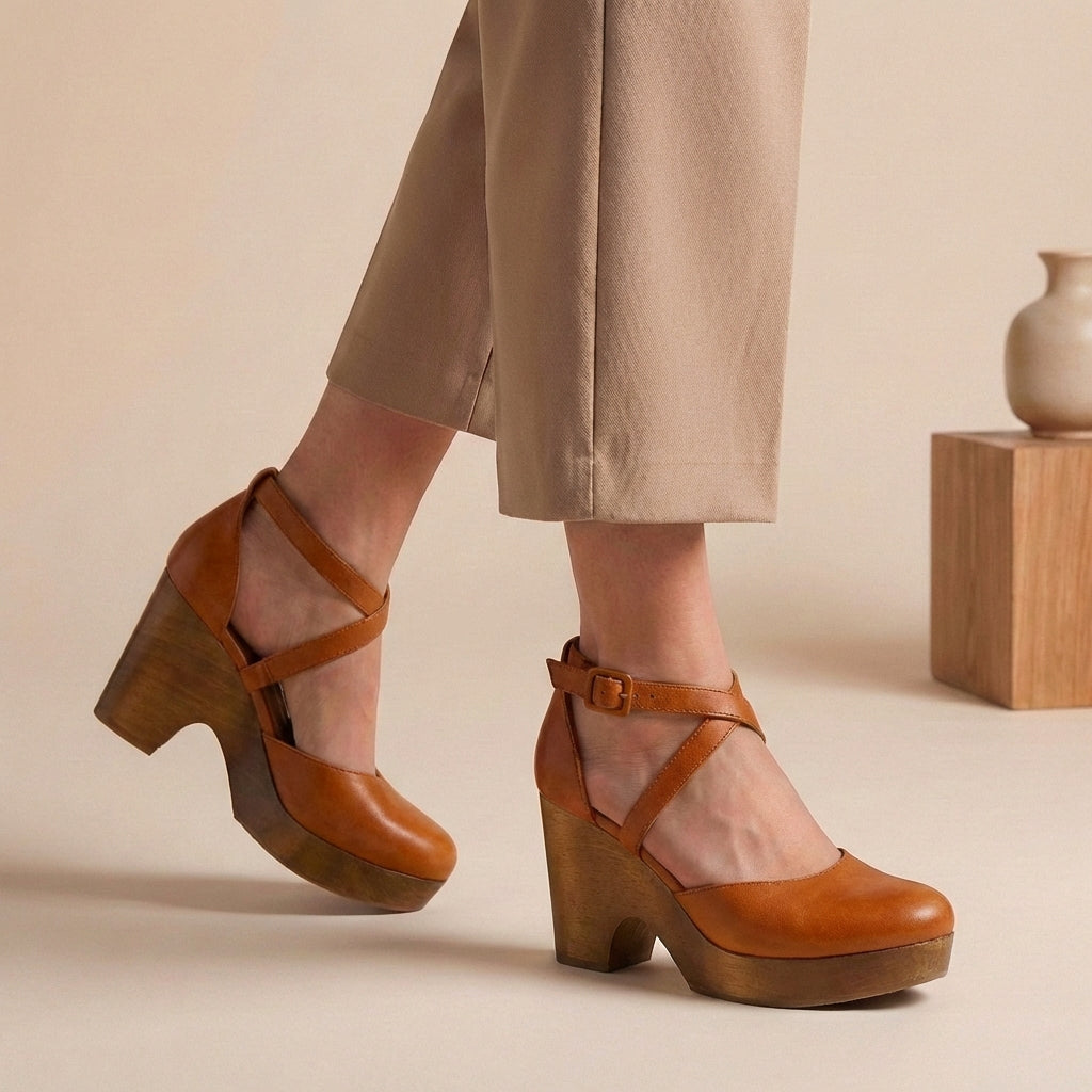 Stylish women's closed-toe block heels featuring an ankle strap, ideal for formal, party or casual chic looks.