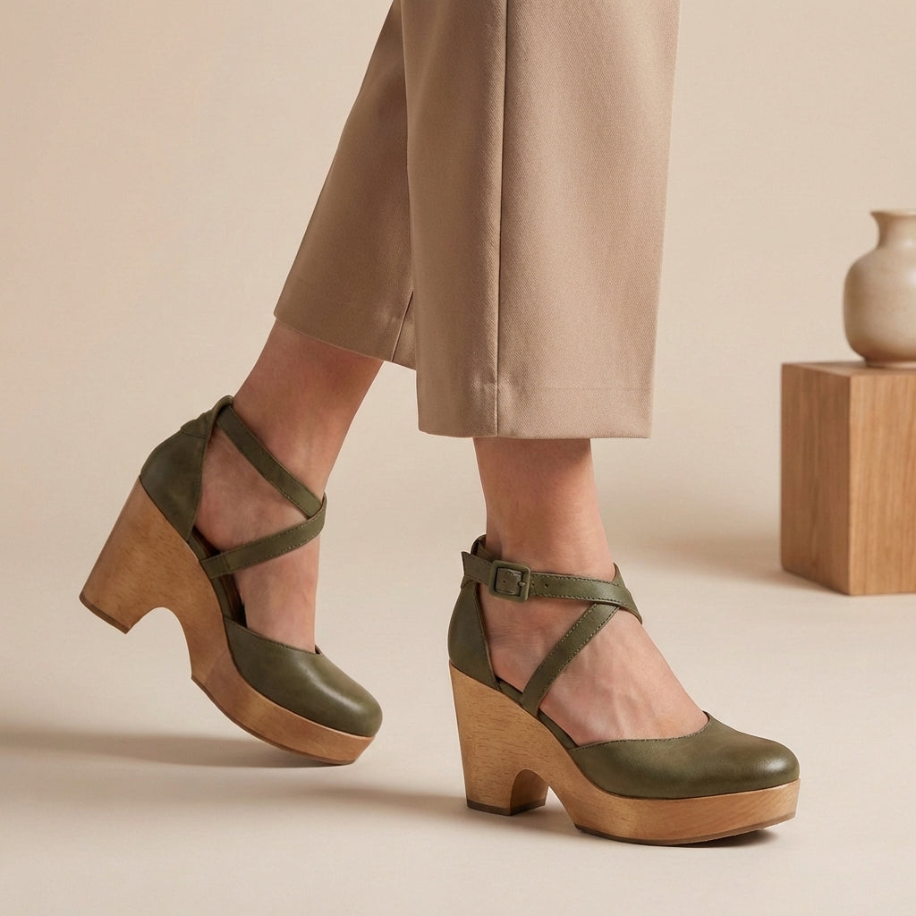 Comfortable women's closed-toe block heel shoes with an adjustable ankle strap for secure, all-day wear.