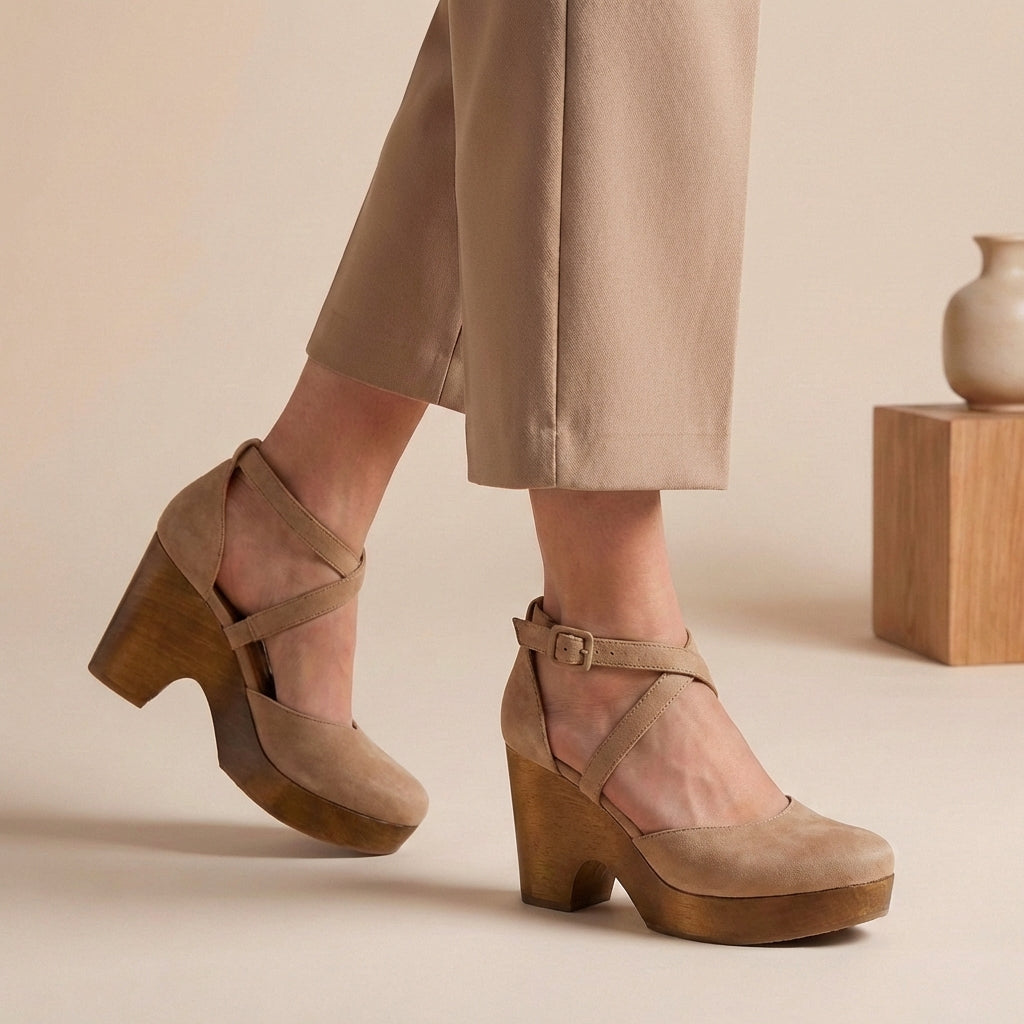 Fashionable women's closed-toe block heel dress shoes with a chic ankle strap, great for parties & formal wear.