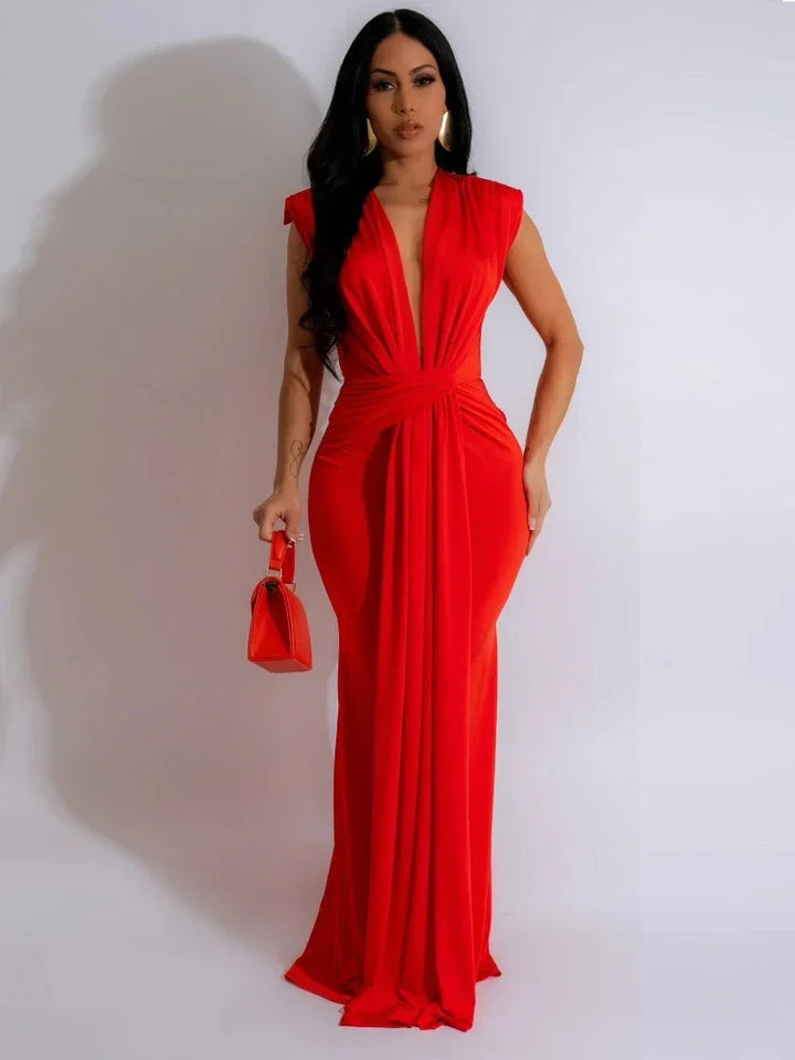 Women's deep V-neck bodycon maxi dress with elegant draped detailing, perfect for evening wear.