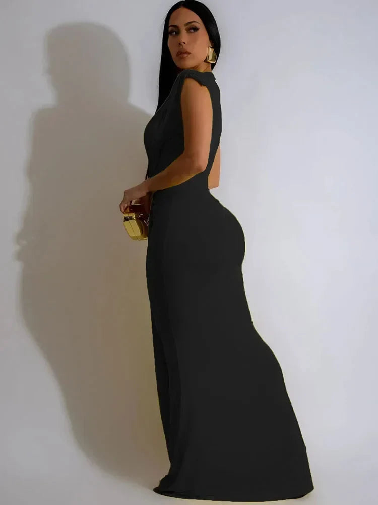 Women's figure-flattering draped bodycon maxi dress, deep V-neck and side slit for an elegant, long party look.