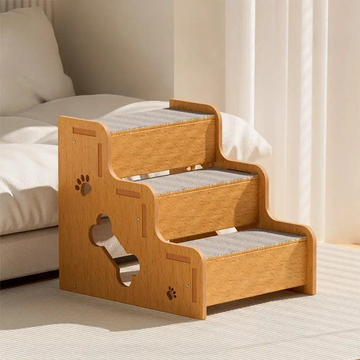 Pet mobility support non-slip wooden stairs, designed for easy access to beds or sofas.