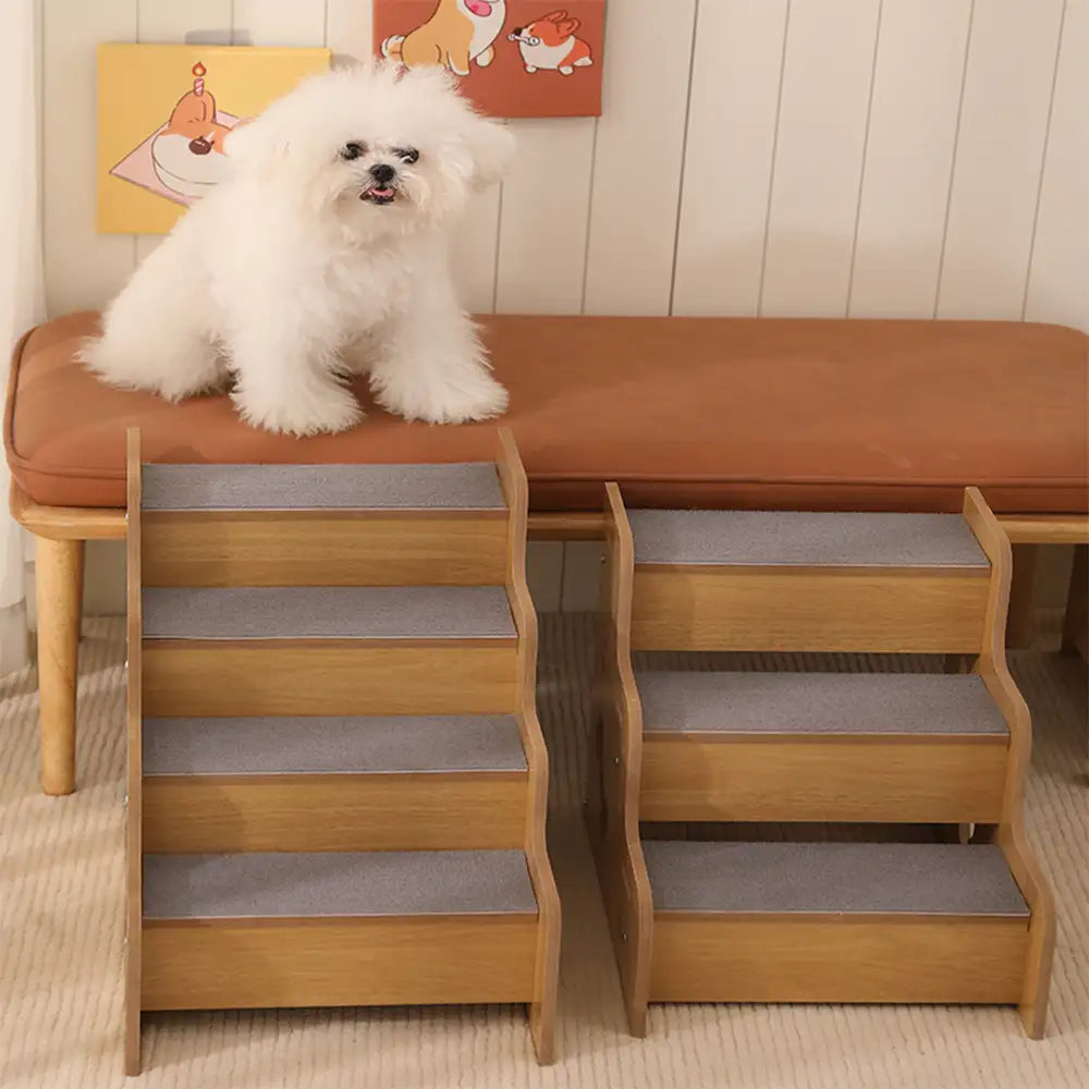 Sturdy wooden pet stairs with non-slip treads, essential for senior dog joint support.