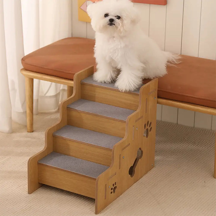 Natural wood non-slip dog stairs, a pet care solution for improved mobility and comfort.
