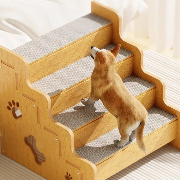 Small pet wooden stairs with anti-slip surface, offering joint support for dogs.