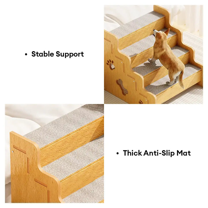 Pet care mobility aid: non-slip wooden dog stairs for joint support and easy access.
