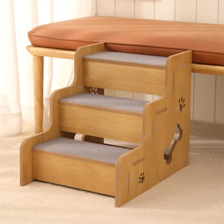 3-step wooden dog stairs, anti-slip surface ensuring pet safety and mobility support.
