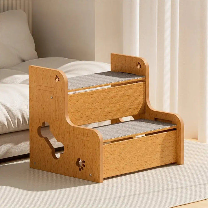 Stylish wooden dog stairs with non-slip covering, promoting pet mobility and independence.