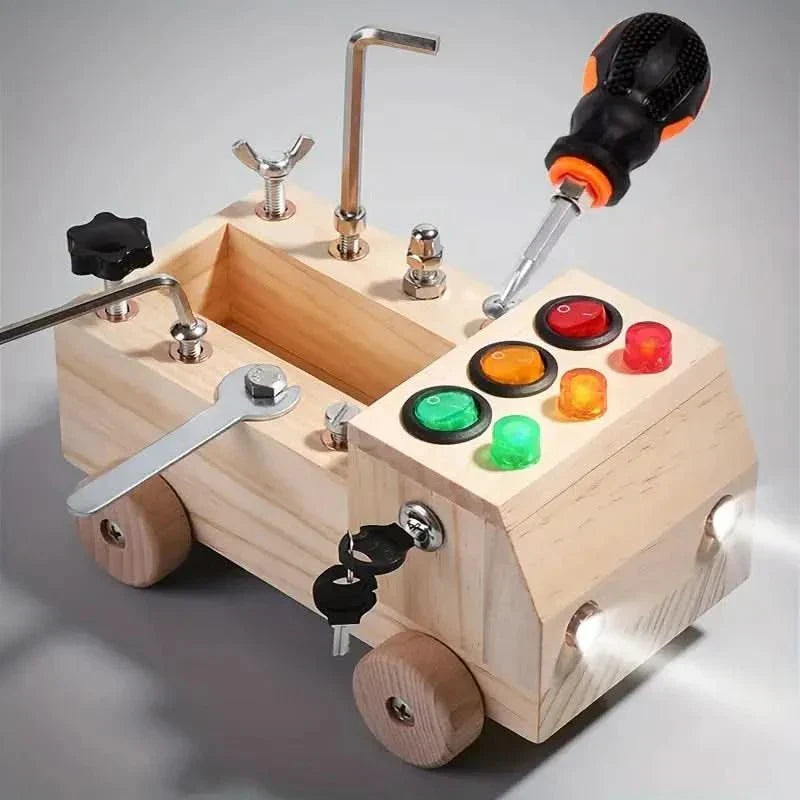 Durable wooden busy board for kids, enhances fine motor skills & cognitive development. Educational toddler toy.