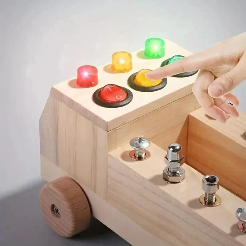 Toddler learning wooden activity board. Develops fine motor skills, problem-solving for young children.