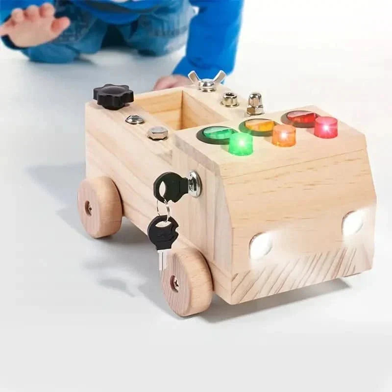 Safe wooden activity board for children. Educational busy board promotes early learning & hand-eye coordination skills.