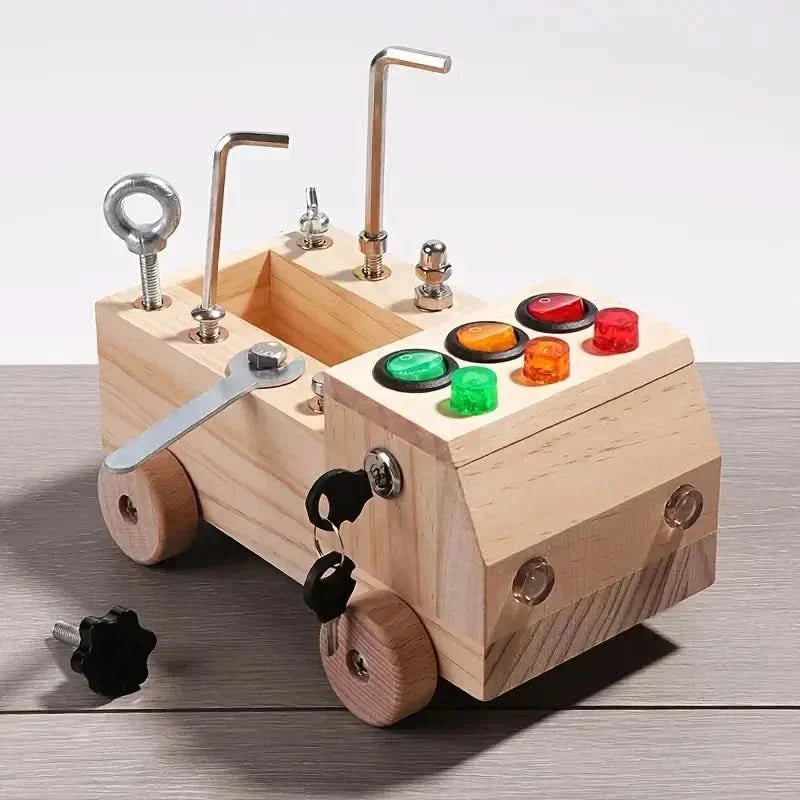 Multi-activity wooden busy board for kids. Engages toddlers with puzzles, latches, & sensory elements.