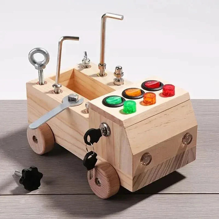 Multi-activity wooden busy board for kids. Engages toddlers with puzzles, latches, & sensory elements.