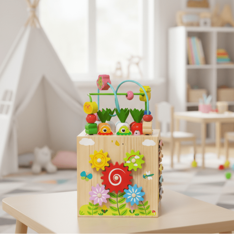 Wooden activity cube for toddlers, early learning toy with sensory play features & fine motor skill development.
