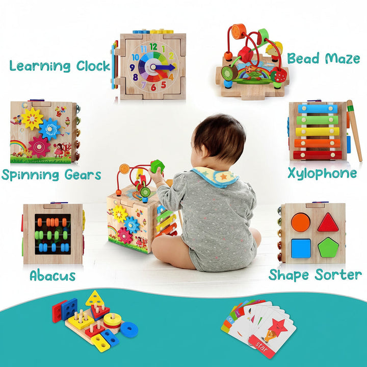 Educational activity cube for babies & toddlers featuring bead maze, shape sorter, & gears for fine motor skills.