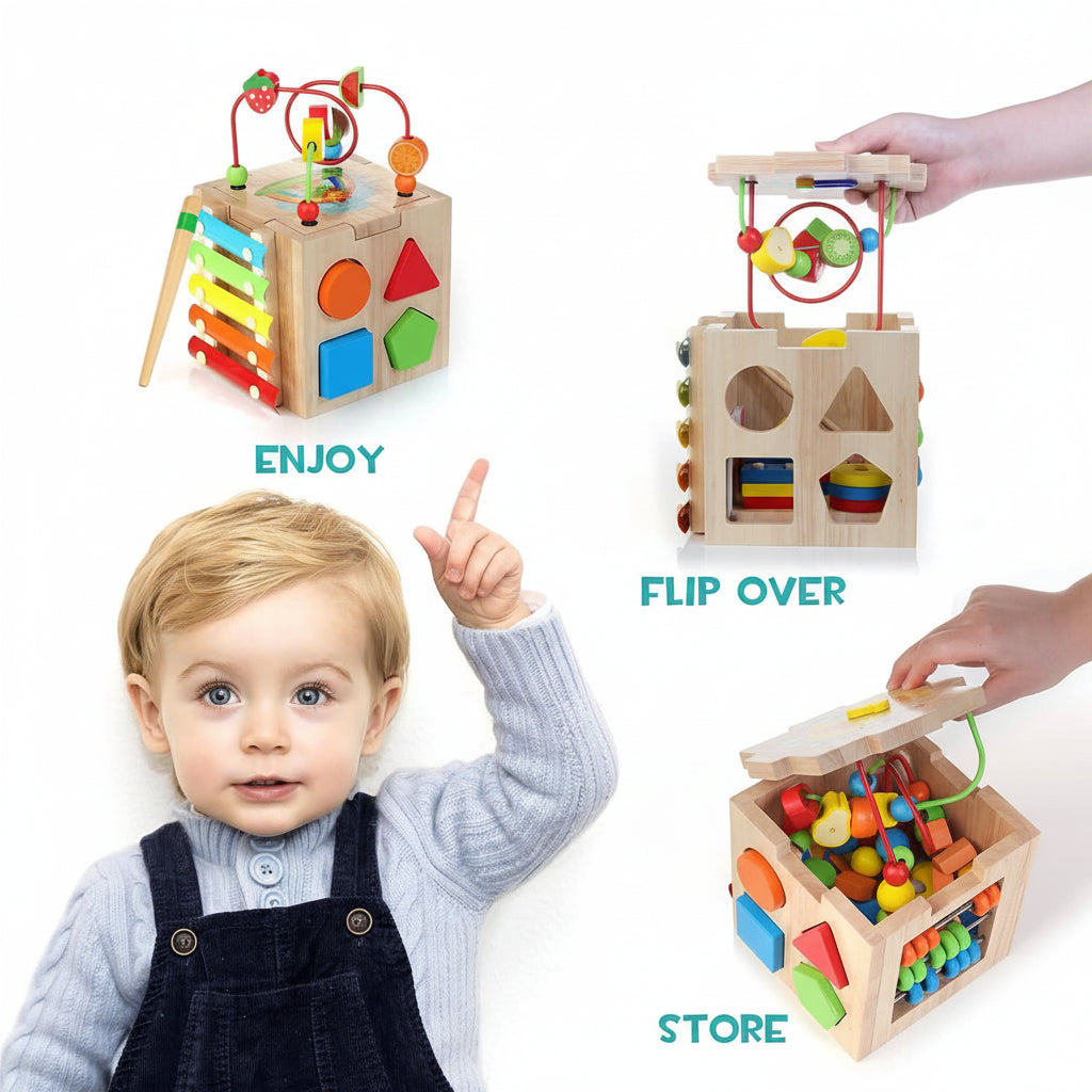 Multi-functional wooden activity cube; a durable early learning toy & perfect baby gift for sensory play.