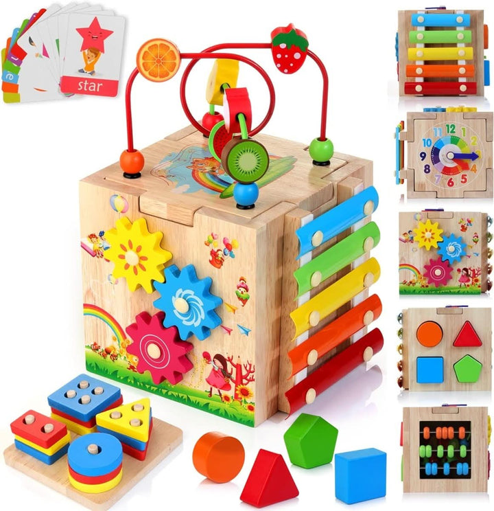 Bright wooden activity cube for children, includes a clock, abacus, and spinning blocks for educational play.