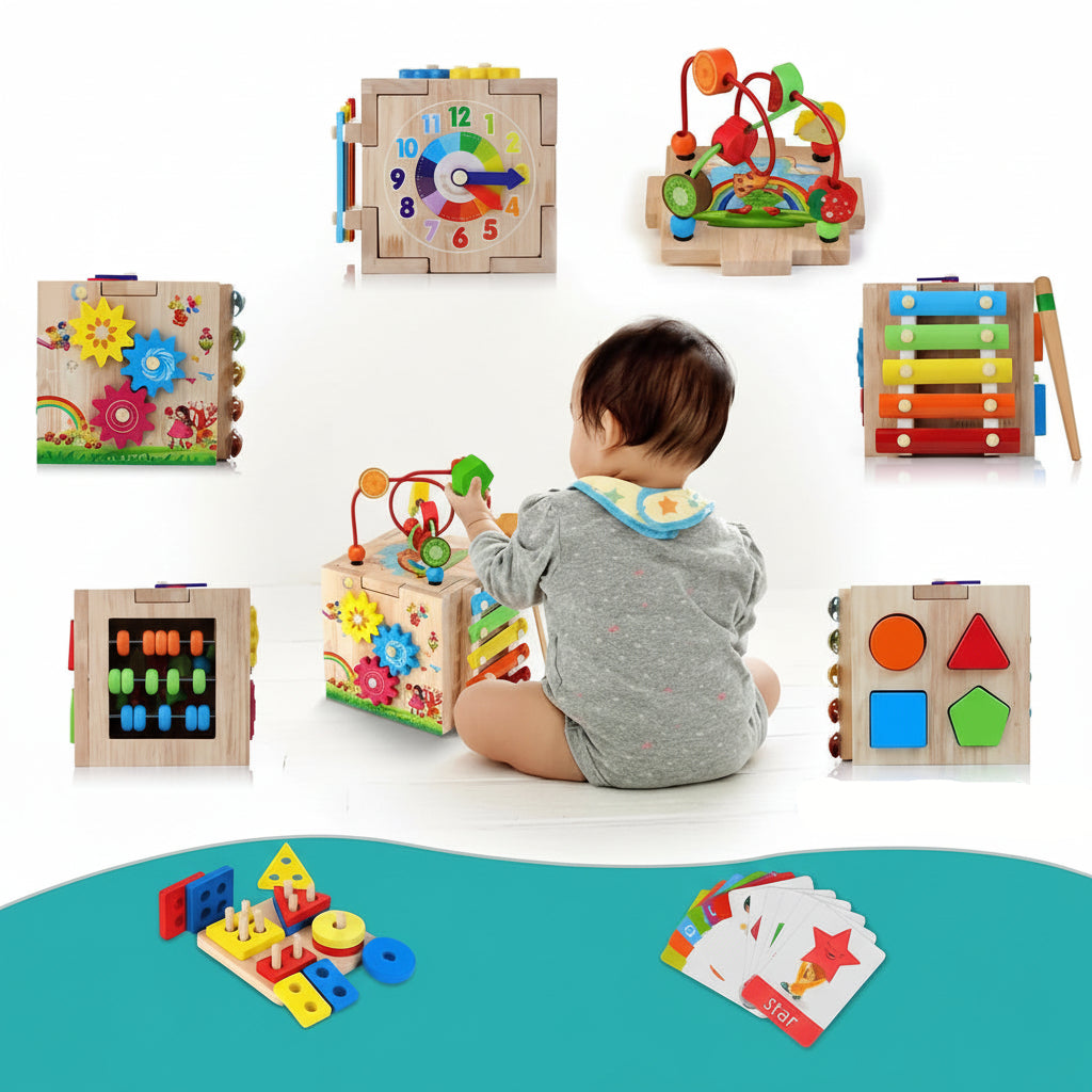 Child explores a colorful early learning activity cube, developing fine motor skills with interactive elements.