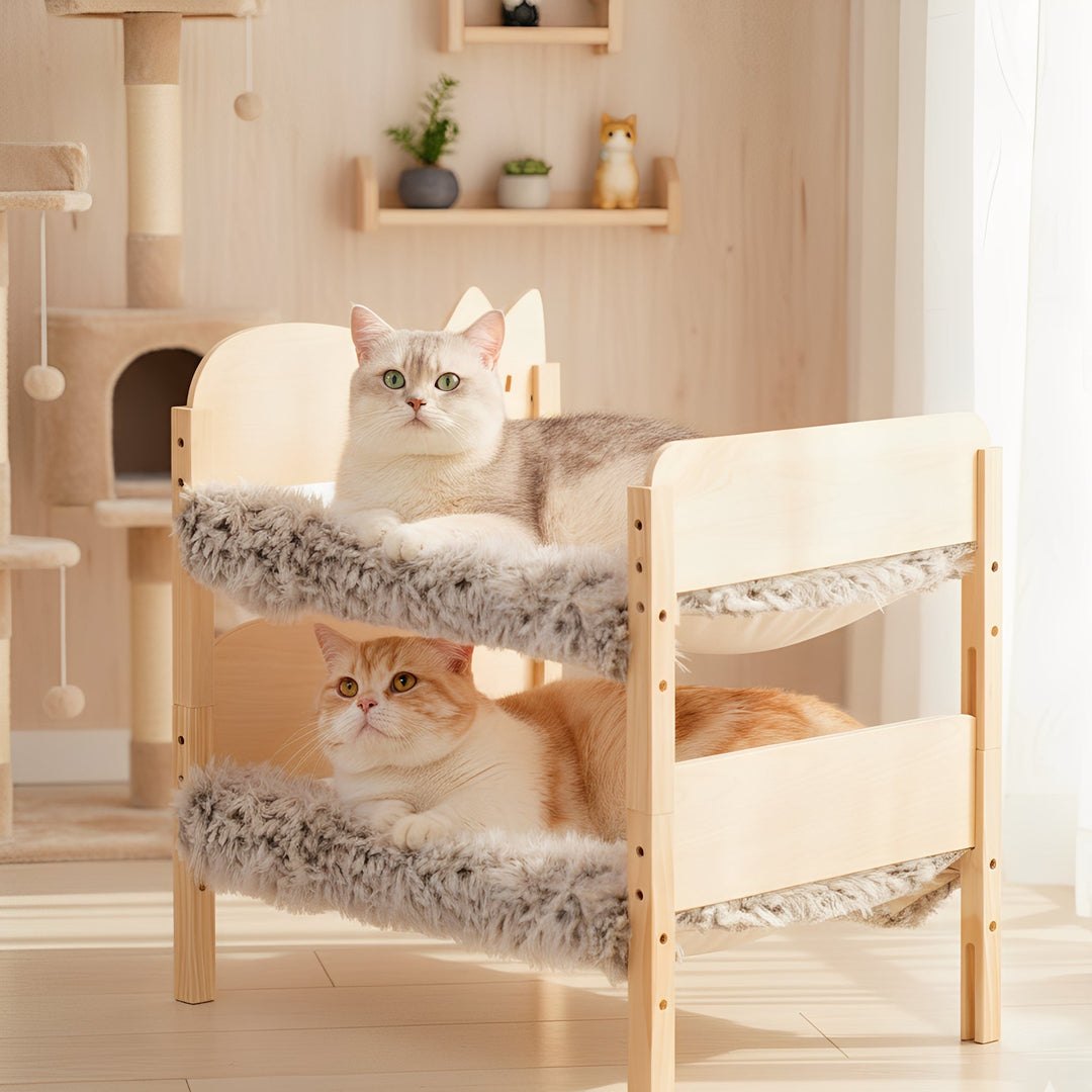 Wooden cat bunk bed with two levels for sleeping, space-saving pet furniture for cats.