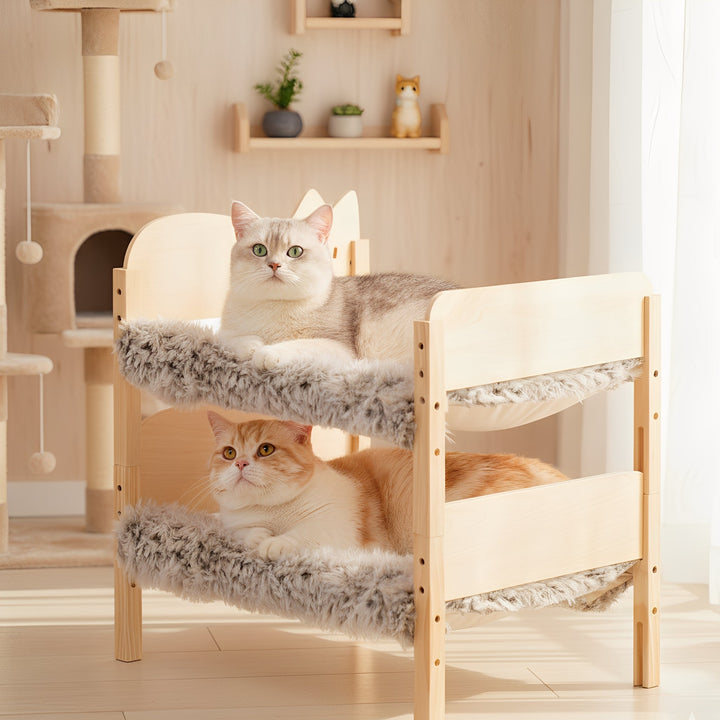 Wooden cat bunk bed with two levels for sleeping, space-saving pet furniture for cats.