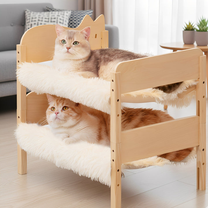 Modern wooden cat bunk bed, a durable pet accessory with dual-level sleeping platforms.