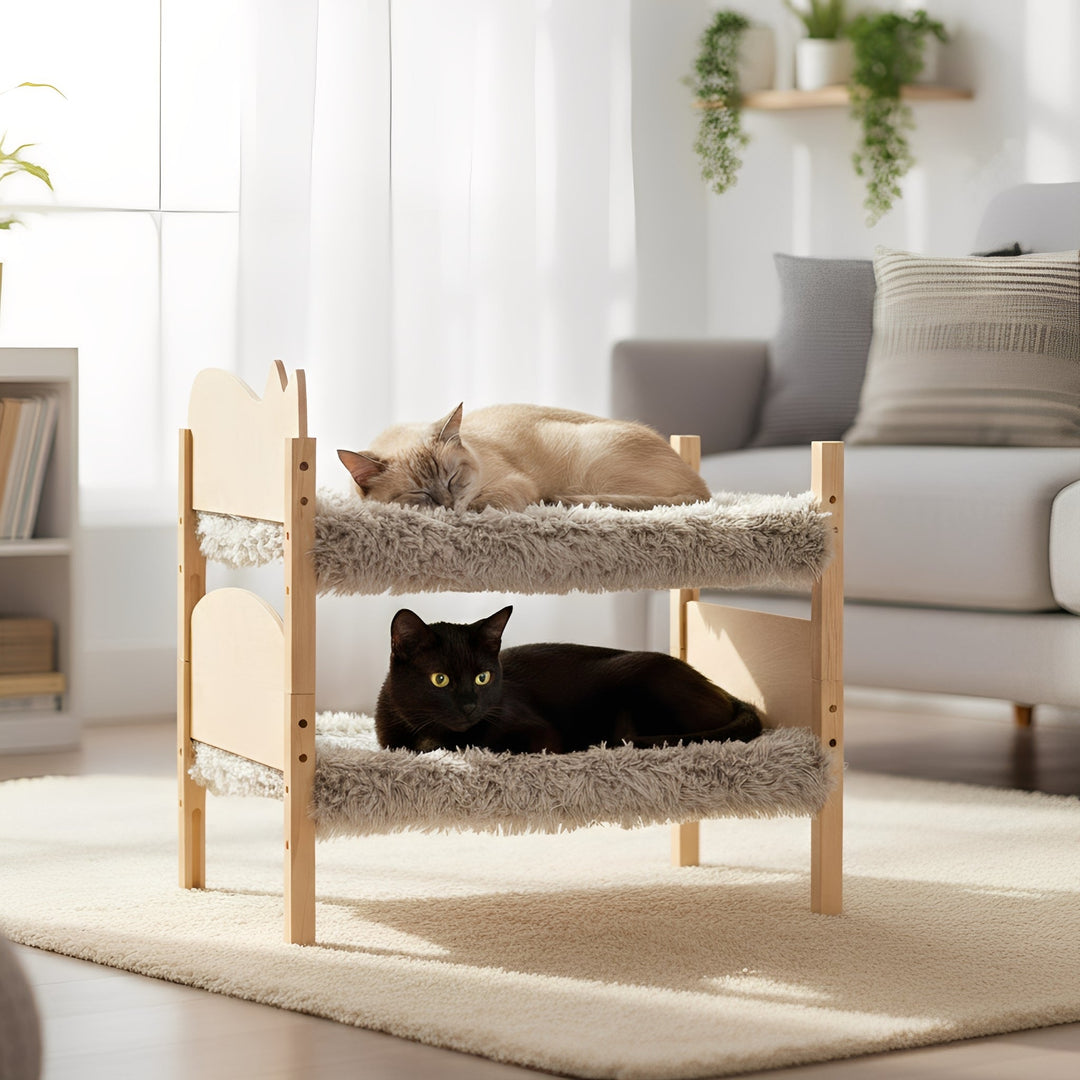 Washable wooden cat bunk bed, an ideal space-saving furniture piece for two cats.