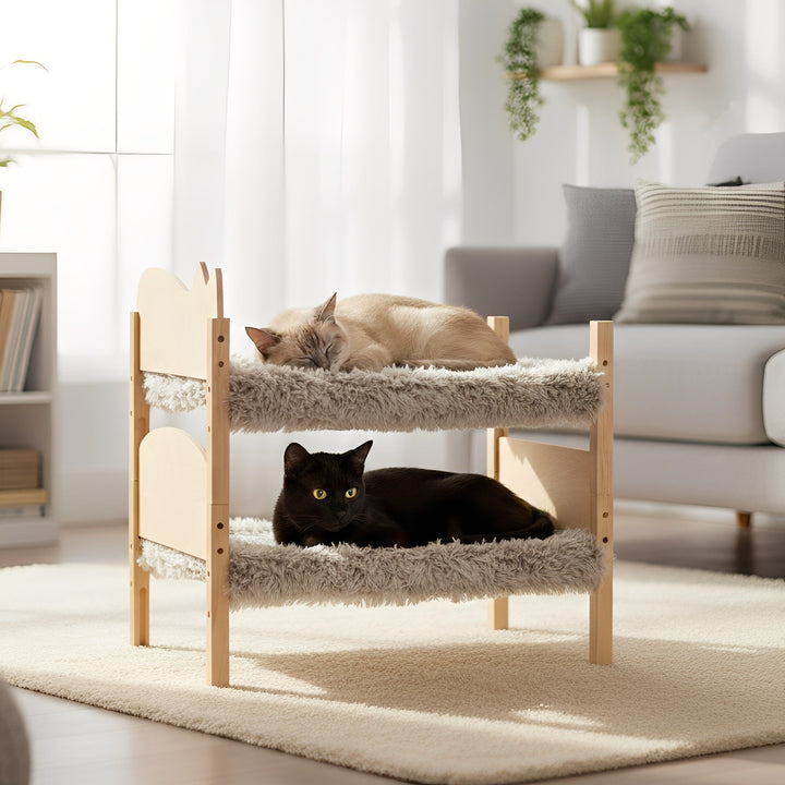 Washable wooden cat bunk bed, an ideal space-saving furniture piece for two cats.
