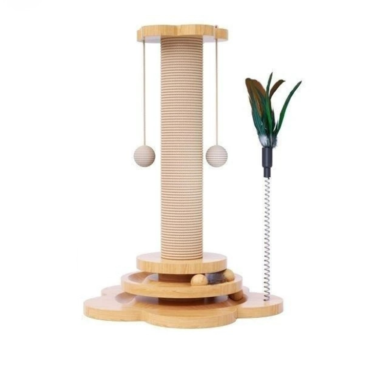 Wooden cat scratching post with durable sisal board, interactive play balls, and stable base for feline play.