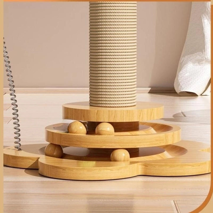 Durable wooden cat scratcher featuring a sisal post and dangling play balls, perfect pet furniture for active cats.