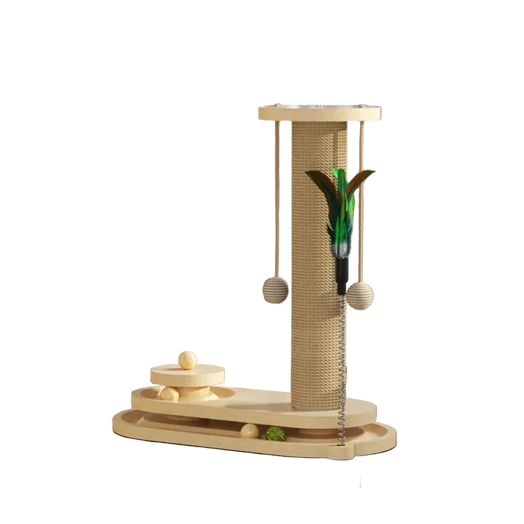 Wooden cat scratching post with multiple levels, sisal rope, and soft perches for cat play.