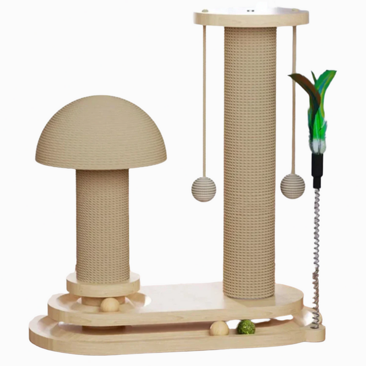 Durable wooden cat play tower with scratching surfaces and elevated platforms for pets.