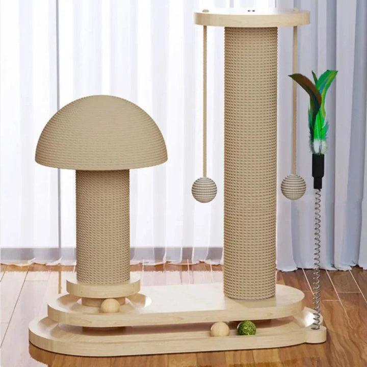 Interactive cat scratcher tower, wooden design with sisal posts, perfect for active cats.