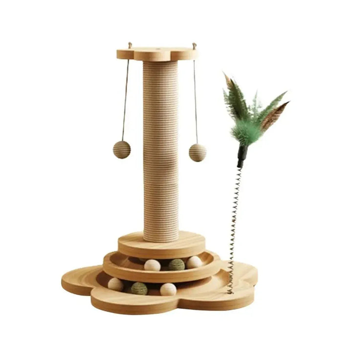 Wooden cat tower with sisal scratching post, multiple platforms, and interactive toys for pet play