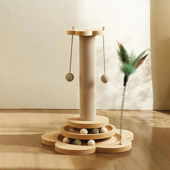 Multi-level wooden cat tree featuring a scratching post, perches, and hanging toys for cats