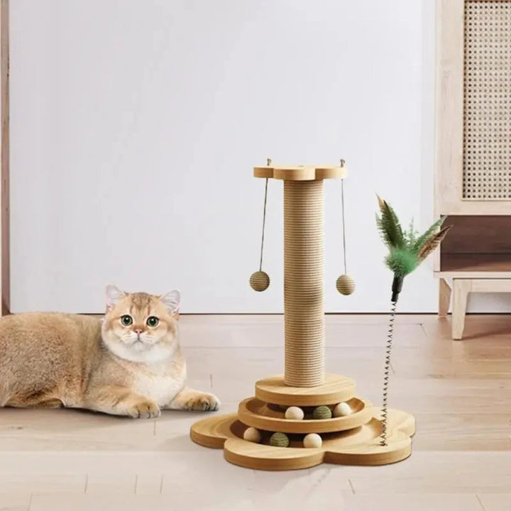 Durable wooden cat furniture with sisal rope scratcher, various levels & integrated cat toys