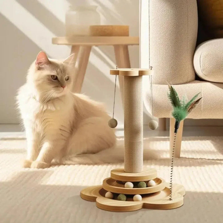 Cat activity center: a wooden cat tower, scratching post, and interactive elements for feline fun