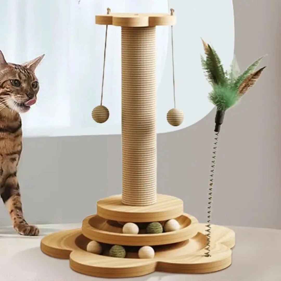 Elegant wooden cat tree with a built-in scratching post and dangling toys, protecting furniture