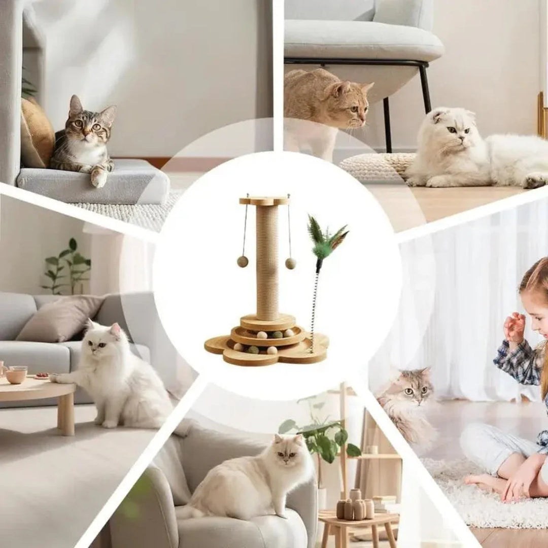 Compact wooden cat tower for small spaces, with a sisal scratching post and cat play accessories