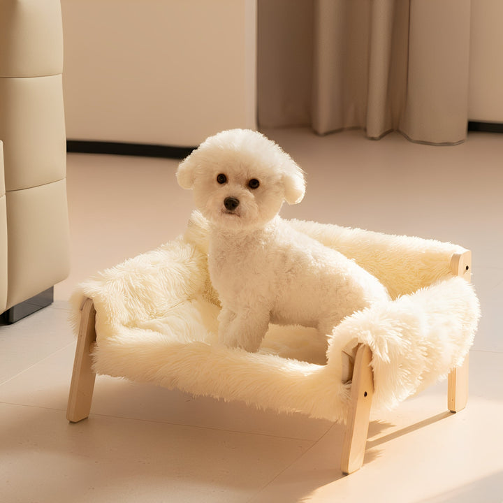 Wooden elevated dog bed, perfect for small to medium pets. Hygienic & comfortable pet lounger.
