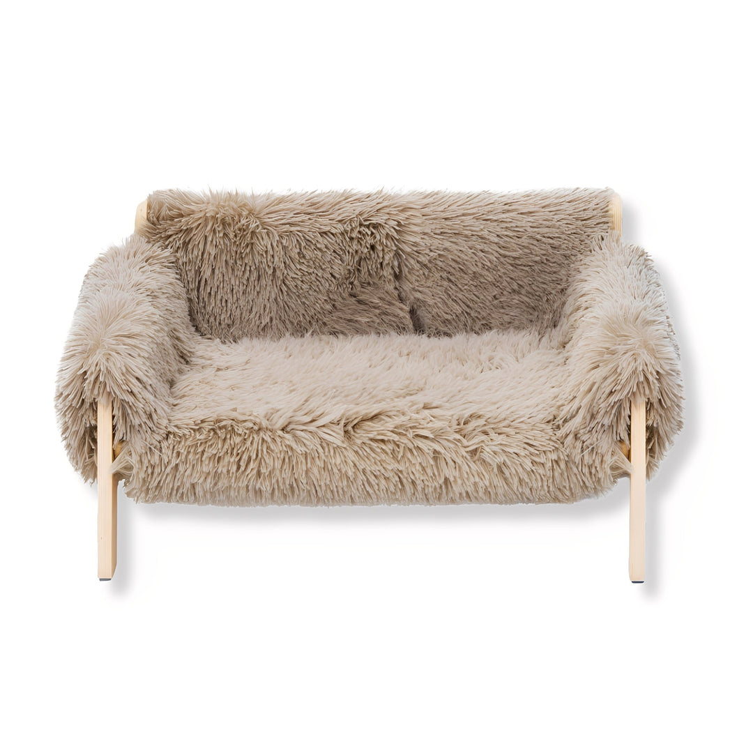 Stylish wooden pet lounger for dogs, blending seamlessly with home decor while offering pet comfort.