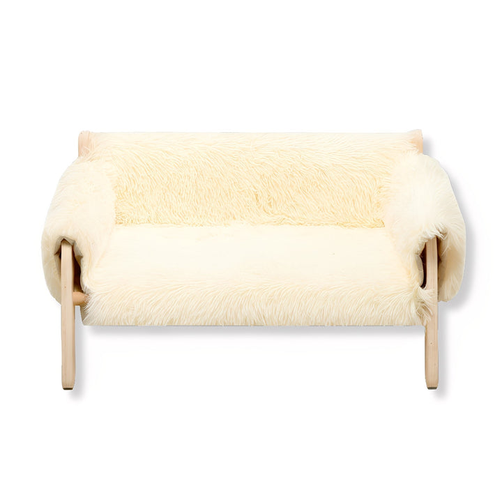 Side view of the wooden elevated dog cot, highlighting its sturdy structure and pet-friendly design.